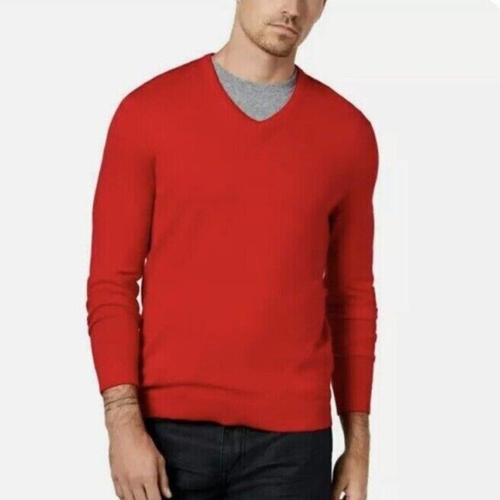 NWT Alfani Men's Regular Fit V-Neck Sweater Jester Red-Small Cotton Blend Light